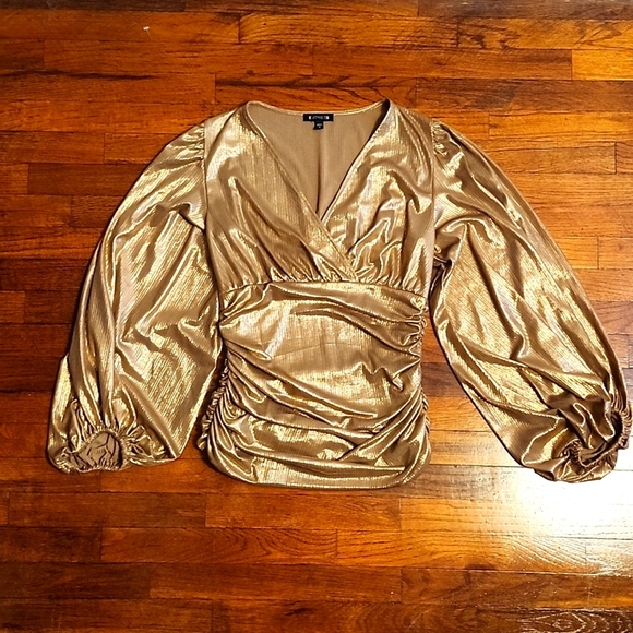 EUC Sparkly Gold Express Balloon Sleeve Holiday Blouse - Picture 1 of 5